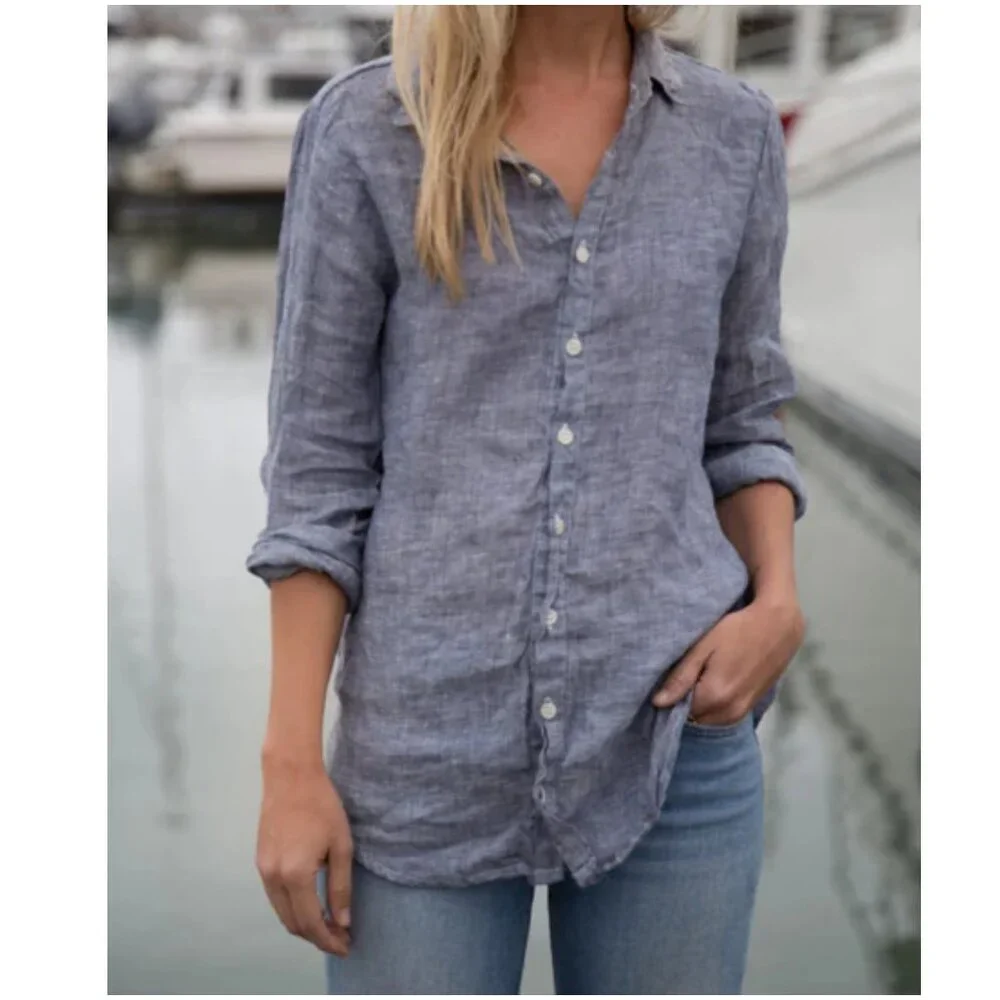 CP Shades Romy Linen Shirt S small chambray blue denim long sleeve button up - Picture 2 of 9